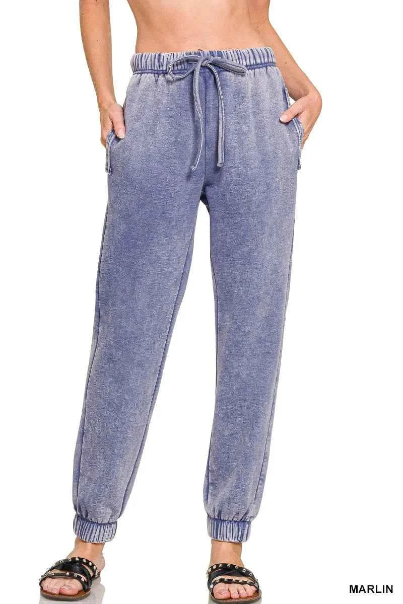 Zenana Acid Wash Fleece Sweatpants with Pockets
