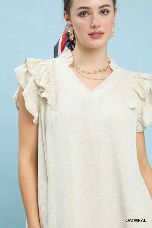 Linen Flutter Sleeve Shift Dress with Pockets b49c3552-22aa-4829-93cf-753d2d4c5d5b-Max-Origin