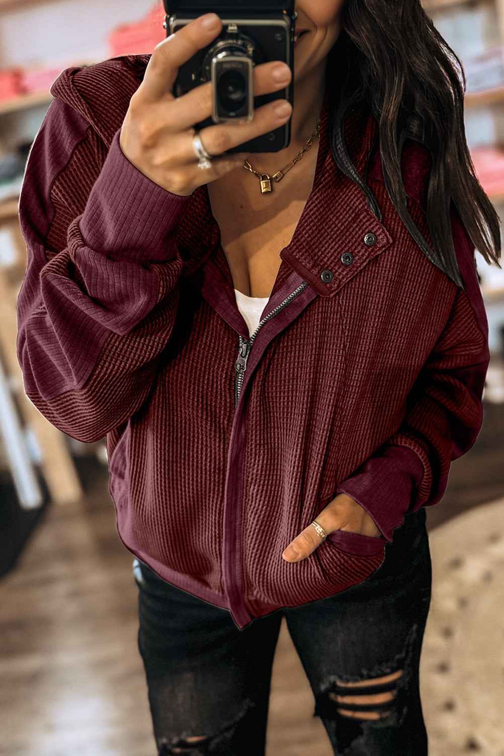 Burgundy Waffle Splicing Zip Up Front Button Hooded Jacket Burgundy 75%Polyester+25%Cotton b49f5ba69c325c0a