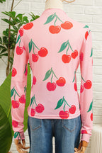 Pink Cherry Print Lettuce Trim Long Sleeve Mesh Top b4a62907a4704994