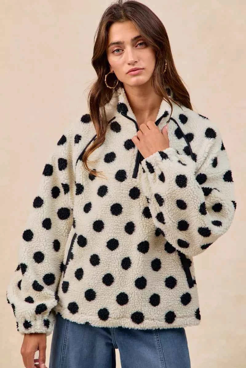 Polka Dot Sherpa Half Zip Up Top with Side Pocket b4aabf29-fffb-4f42-8495-f4d4d8c1cedb-Max-Origin
