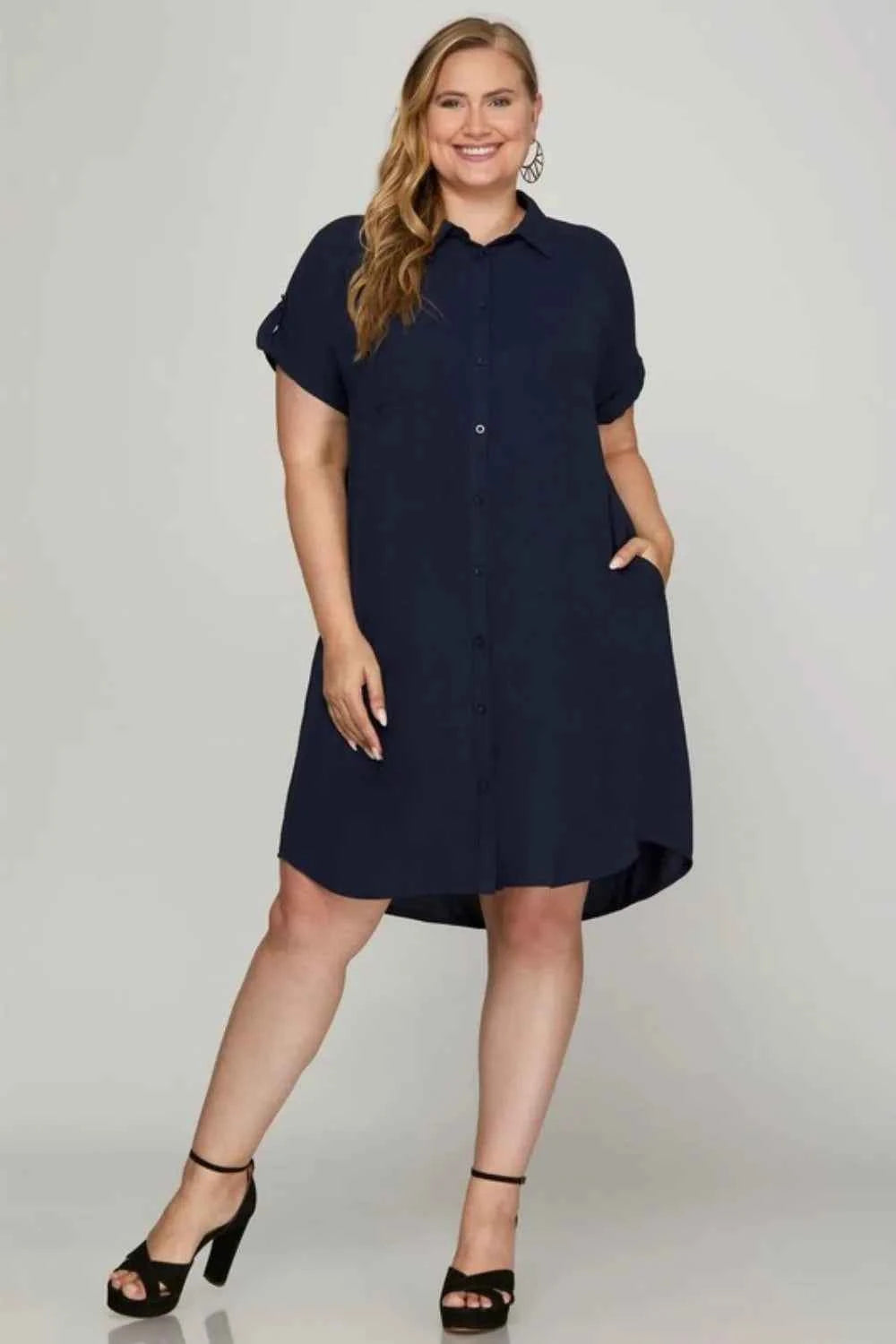 She + Sky Full Size Button Down Short Sleeve Woven Shirt Dress Plus Size b4ab17e2-a42b-47ec-ba7a-a1cabb9524ef-Max