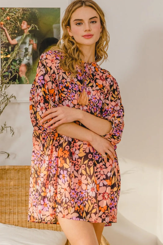 ODDI Full Size Floral Tied Neck Mini Dress Black Multi b4ab1b3b-54be-4580-af79-e6054f76b1db-Max