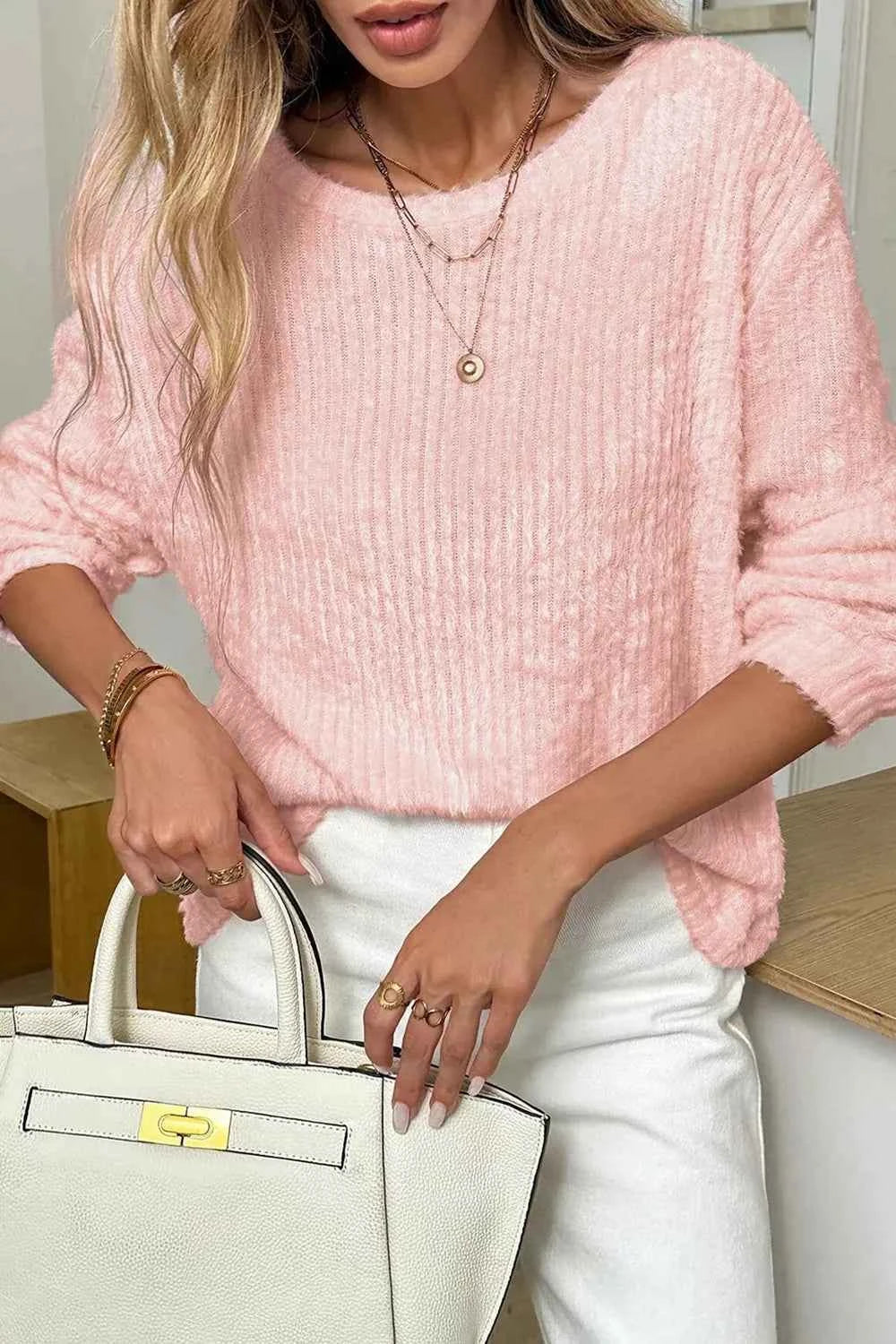 Fuzzy Ribbed Texture Round Neck Long Sleeve Top b4b7932b-3a1b-499a-a481-3ab525b95f17-Max-Origin