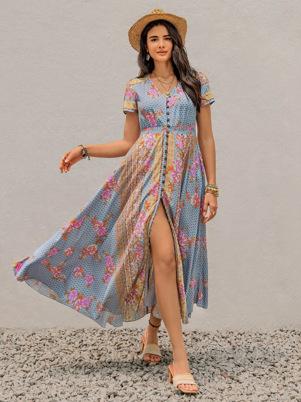 Smocked Floral V-Neck Short Sleeve Midi Dress b4bed7e5-6a9a-406d-8975-eeffcd469208-Max