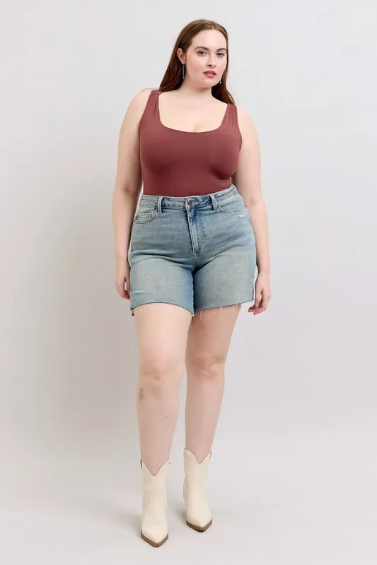 Judy Blue Full Size High Waist Vintage Wash Side Slit Denim Shorts Plus Size b4c5105c-769a-4910-910f-0ff72cbc15ee-Max-Origin