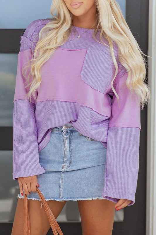 Colorblock Waffle Knit Patchwork Long Sleeve Top b4c5cd20-8ad8-4445-829d-a0010d5654b3