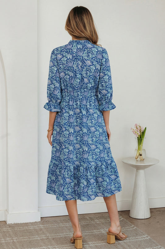 Sky Blue Floral Printed Frilled V Neck Bracelet Sleeve Long Dress