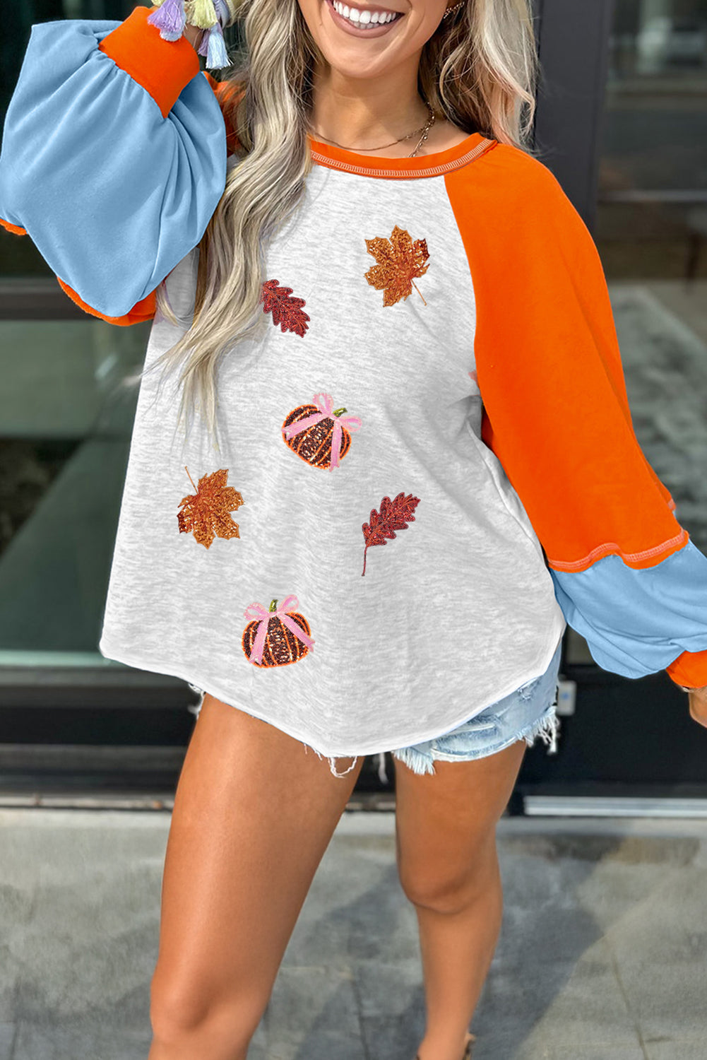 Light Grey Sequin Pumpkin Fall Elements Patched Patchwork Long Sleeve Top b4c8a3a7ebe03c0e