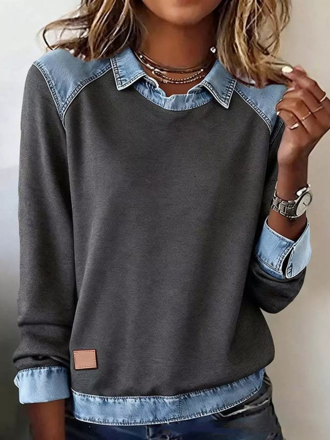 Full Size Denim Trim Long Sleeve Top Plus Size Dark Gray b4c8cff7e03f4ccaa0ec1e1251596708-Max-Origin