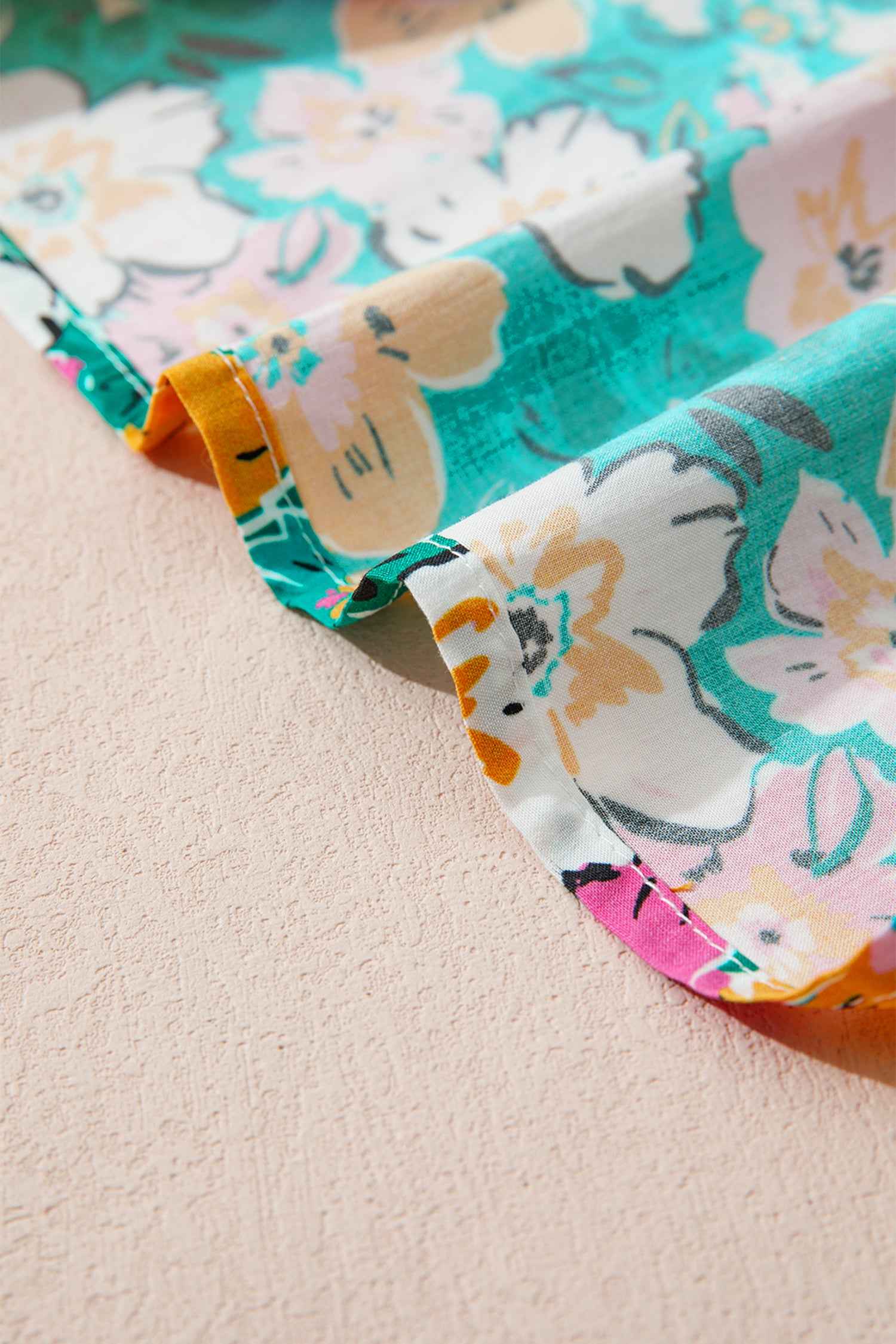 Green Floral Print Contrast Trim Frilled V Neck 3/4 Sleeve Blouse b4d111cf4feadffa