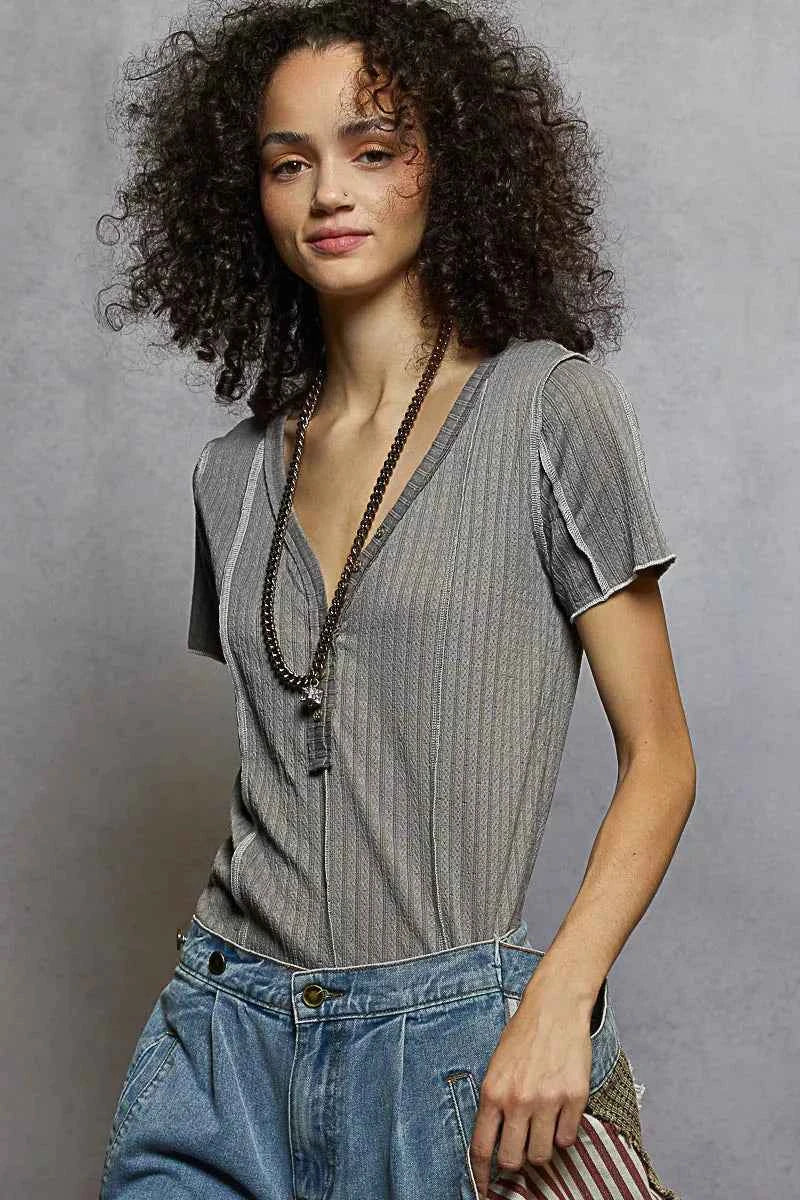 POL V-Neck Short Sleeve Top with Stitch Seam Detail b4dad909-fc82-4ffd-9d7d-046c75a4ff13-Max-Origin