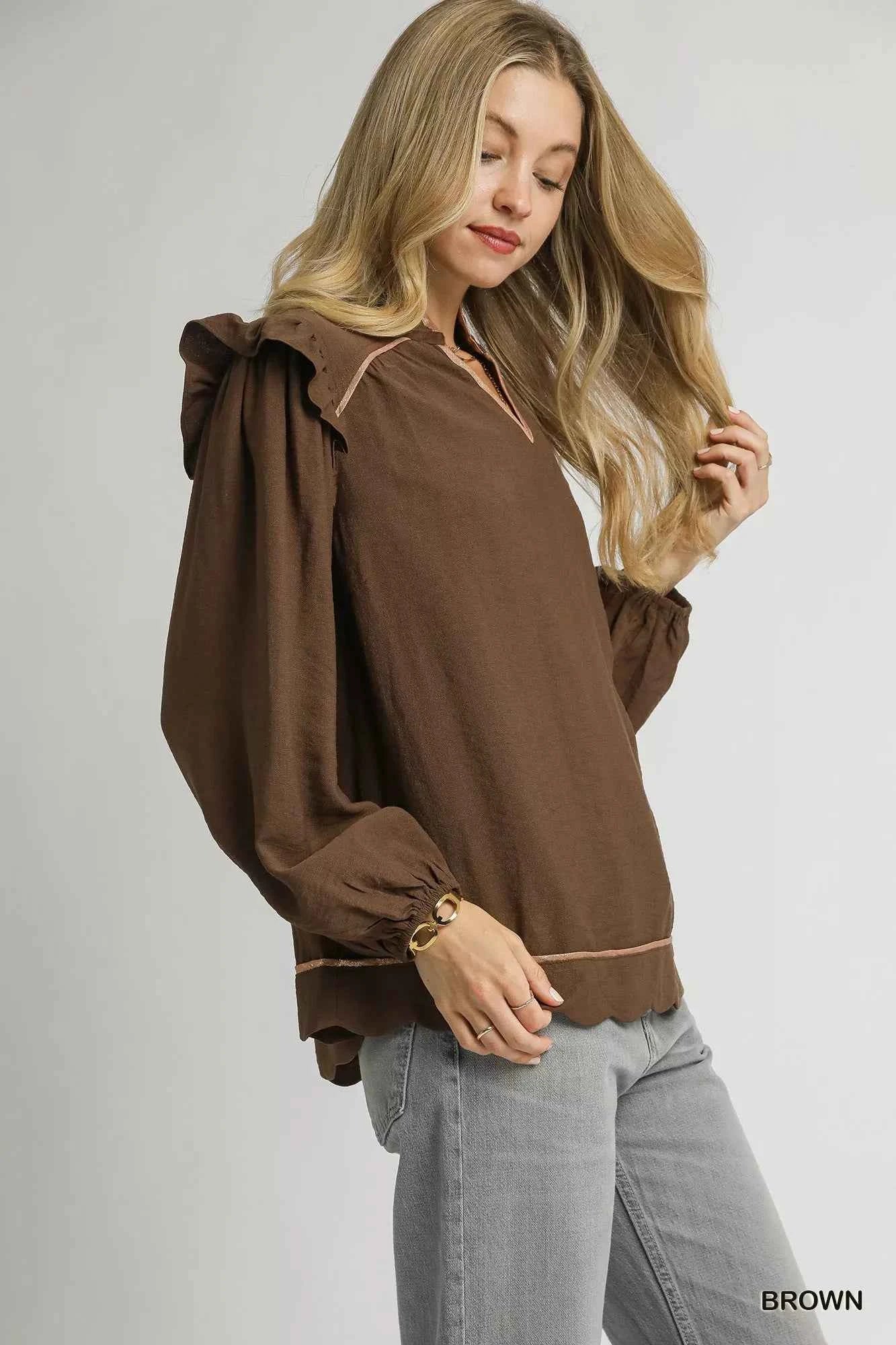 Umgee Ruffle Shoulder Long Sleeve Blouse b4e4c11b-c025-4d72-a5cb-66b824a598dd-Max-Origin