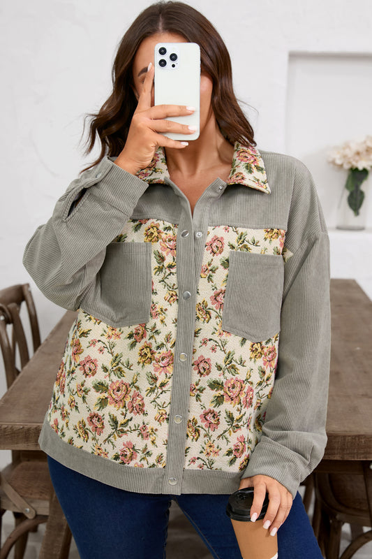 Medium Grey Corduroy Floral Patchwork Vintage Jacket b4ecd554d8cada21