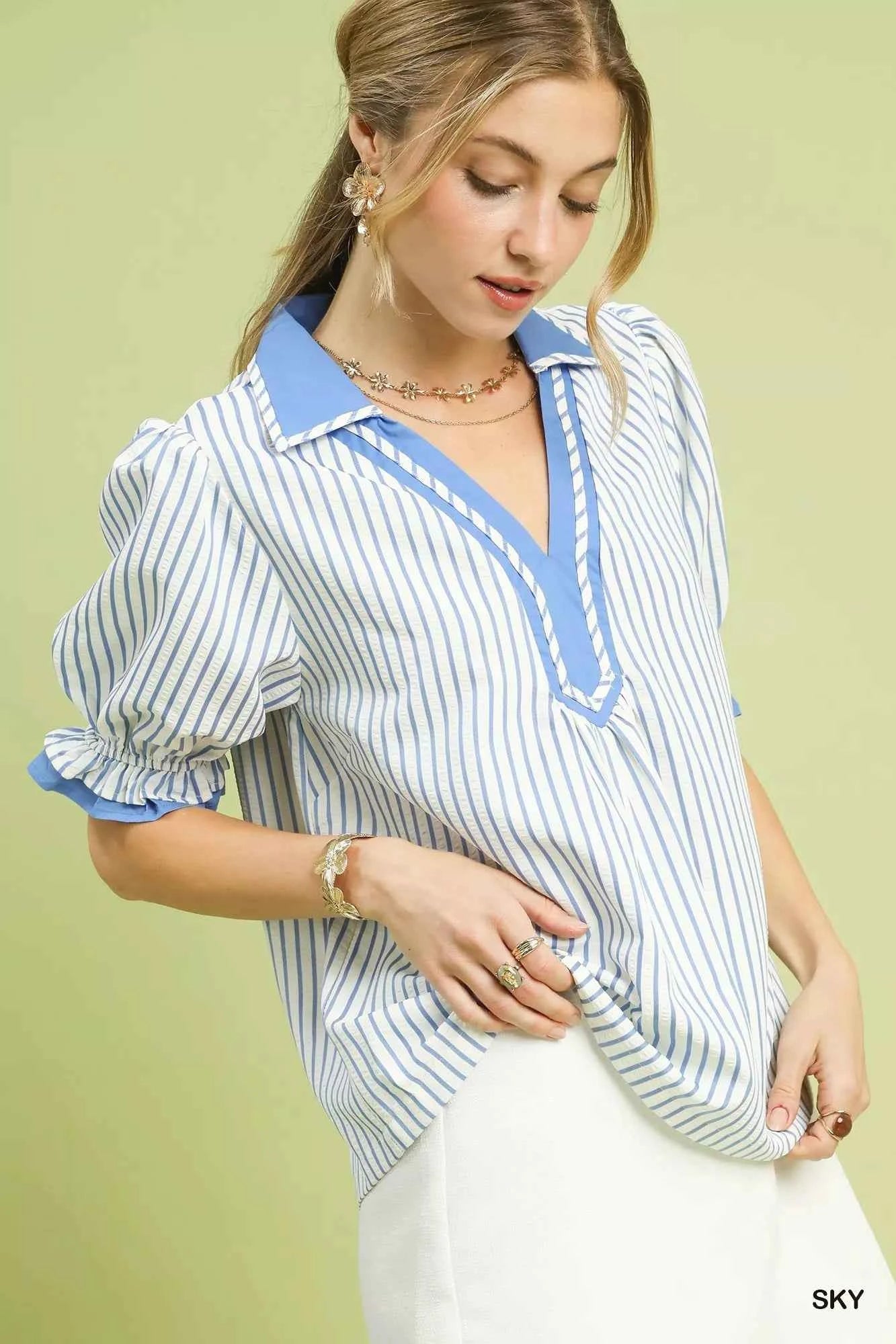 Umgee Seersucker Stripe Ruffle Sleeve Top b4f0188a-4aba-4279-984d-403300009575-Max-Origin