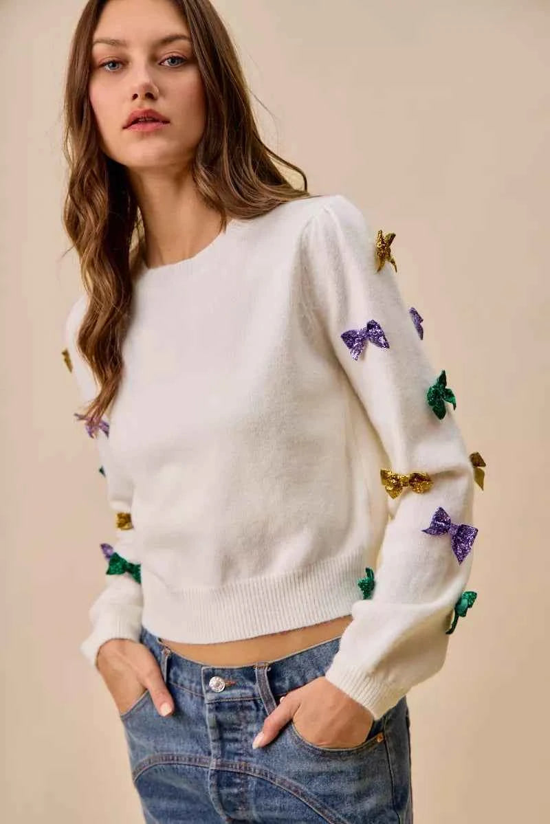 SO ME Mardi Gras Glitter Bow Ribbon Sweater Knit Top b4f4e6519e64414cadb6bc1f729e7abe-Max-Origin