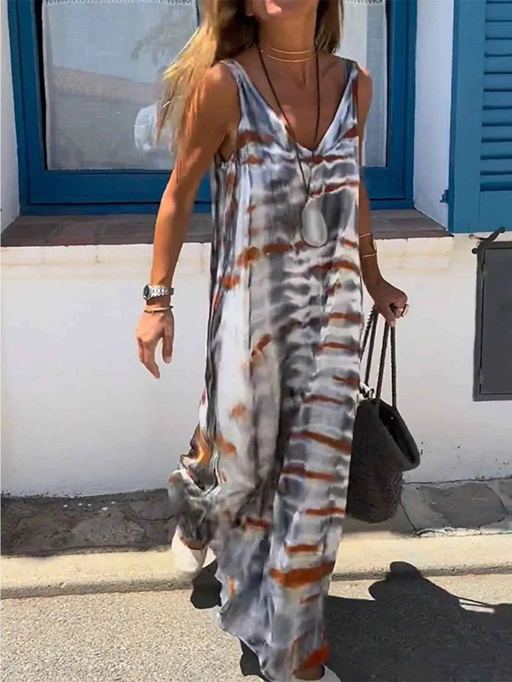 Tie-Dye V-Neck Maxi Cami Dress Floral b4f552bb504941b4b3e9dd47bc79a1ae-Max-Origin