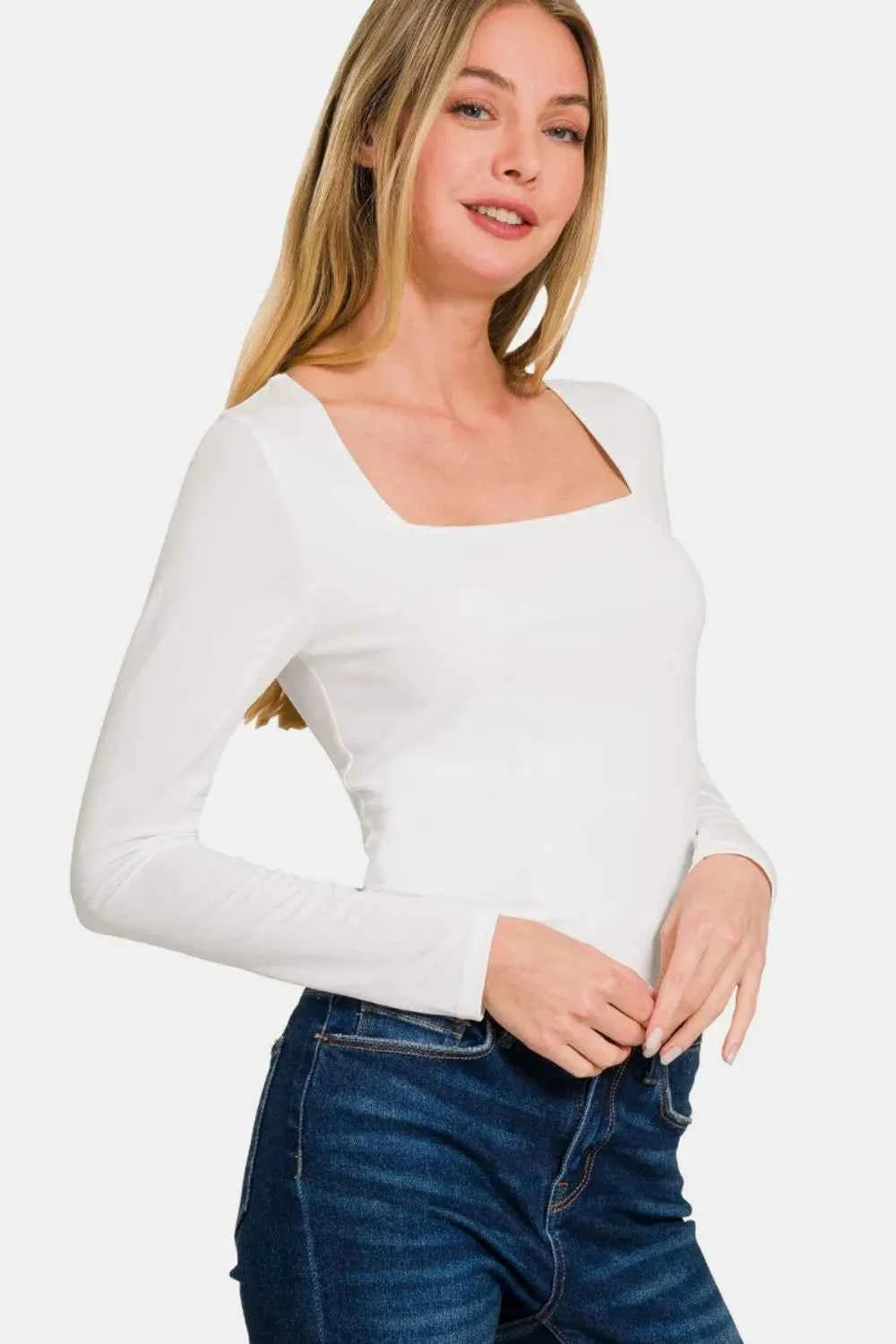 Zenana Square Neck Fitted Long Sleeve T-Shirt White b4f600d4-caa9-4731-b15f-41a8a5e9c01f-Max