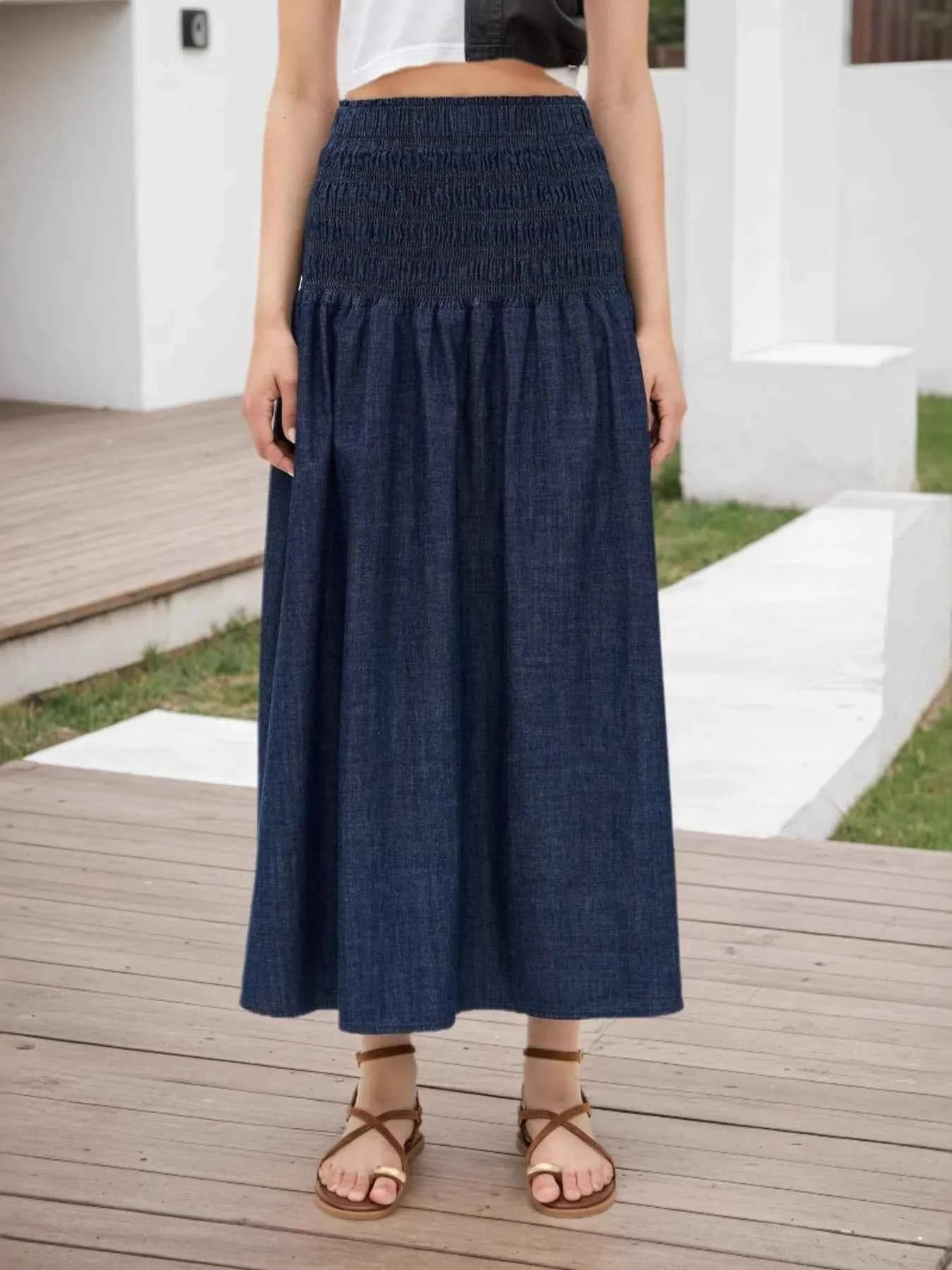 Elastic Waist Midi Skirt Dark Blue b4f740e47ac749bbb5238d60f3df01a4-Max-Origin
