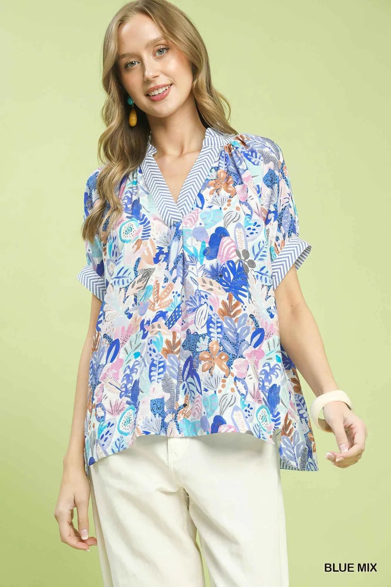 Umgee Mix Boho Printed V-Neck Top BLUE MIX b4f79afd-afec-49b9-ae27-df3837d5e0fd-Max