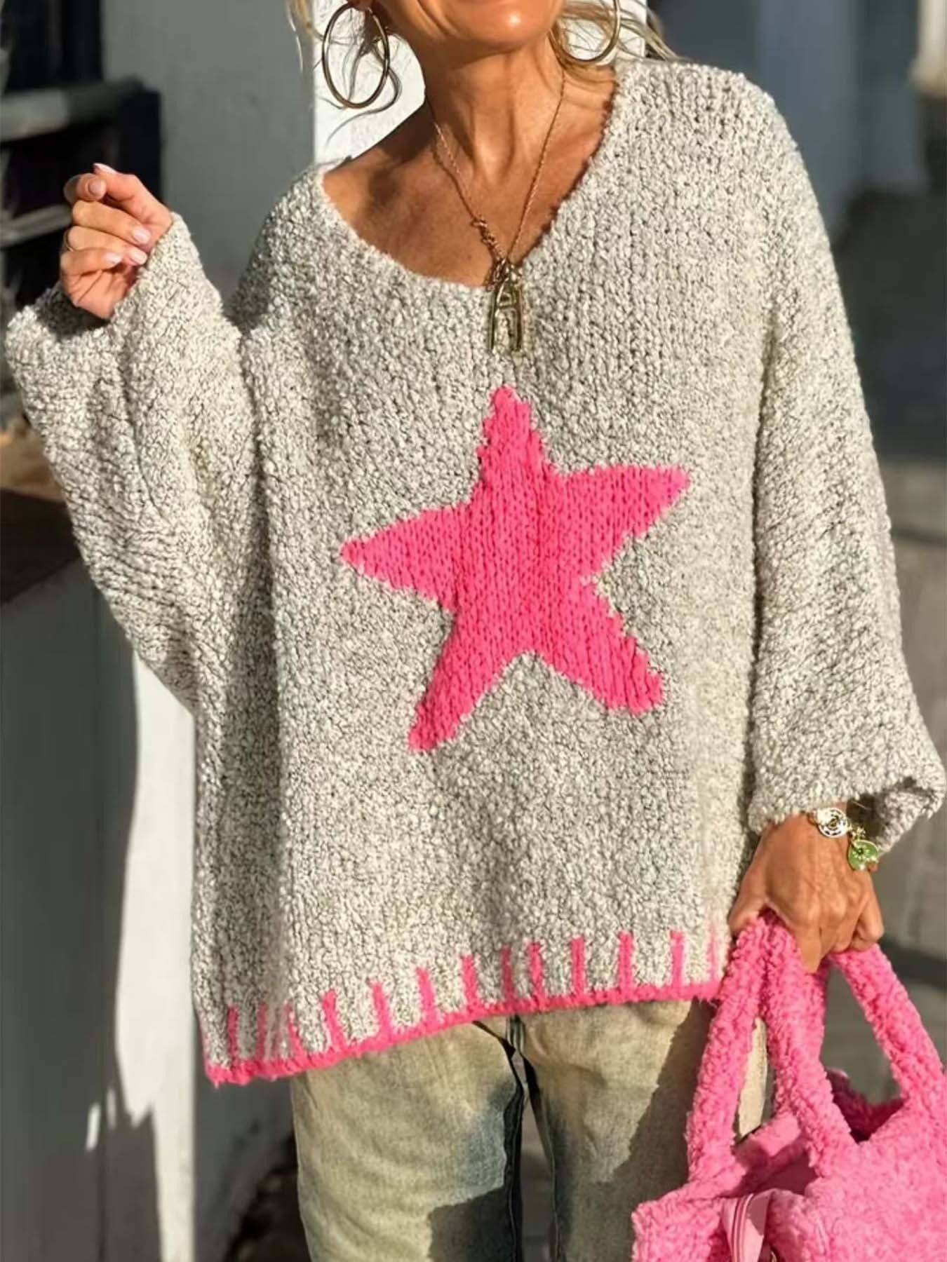 Star V-Neck Long Sleeve Sweater Light Gray b4fc1f72-5d20-45ef-be7e-c559f79518fc-Max