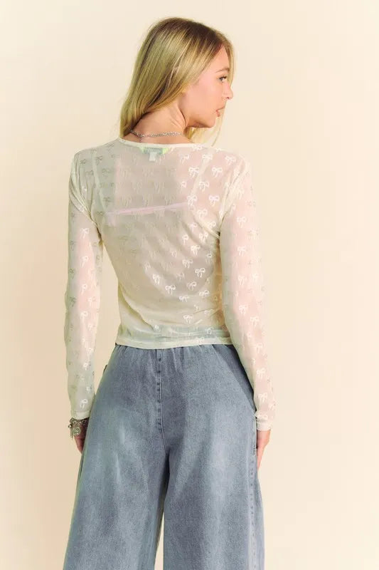 Davi & Dani Bow Mesh Round Neck Long Sleeve Top b4fc95b4-4e10-4b0a-92dc-a49a13d14536-Max