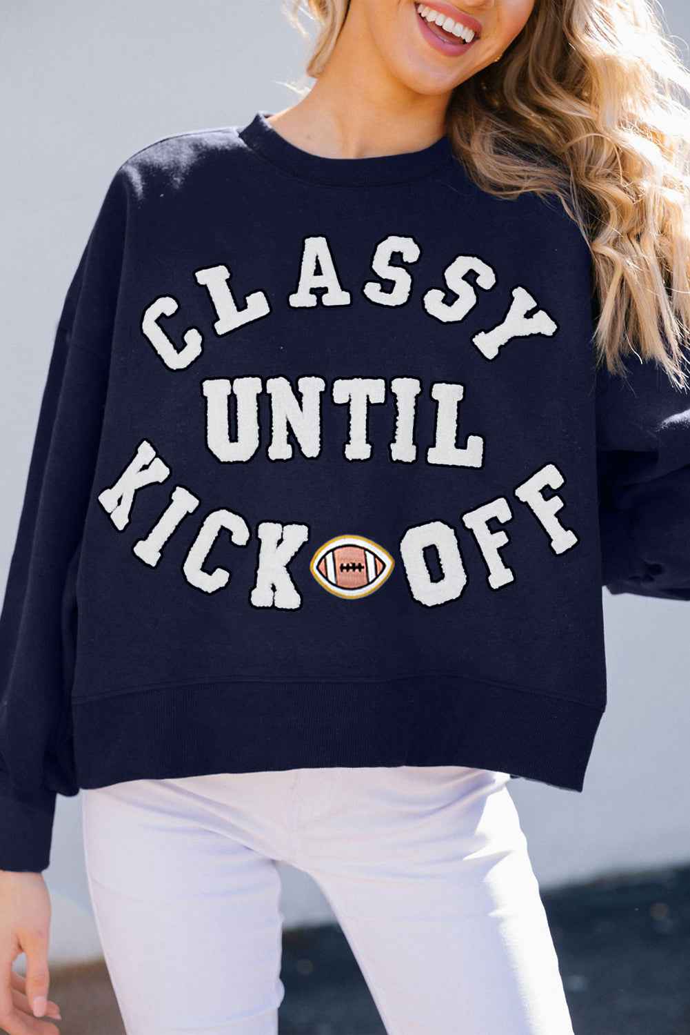 Black CLASSY UNTIL KICKOFF Plush Letter Patched Loose Sweatshirt Navy Blue 65%Polyester+35%Cotton b5012e2b31c1083a