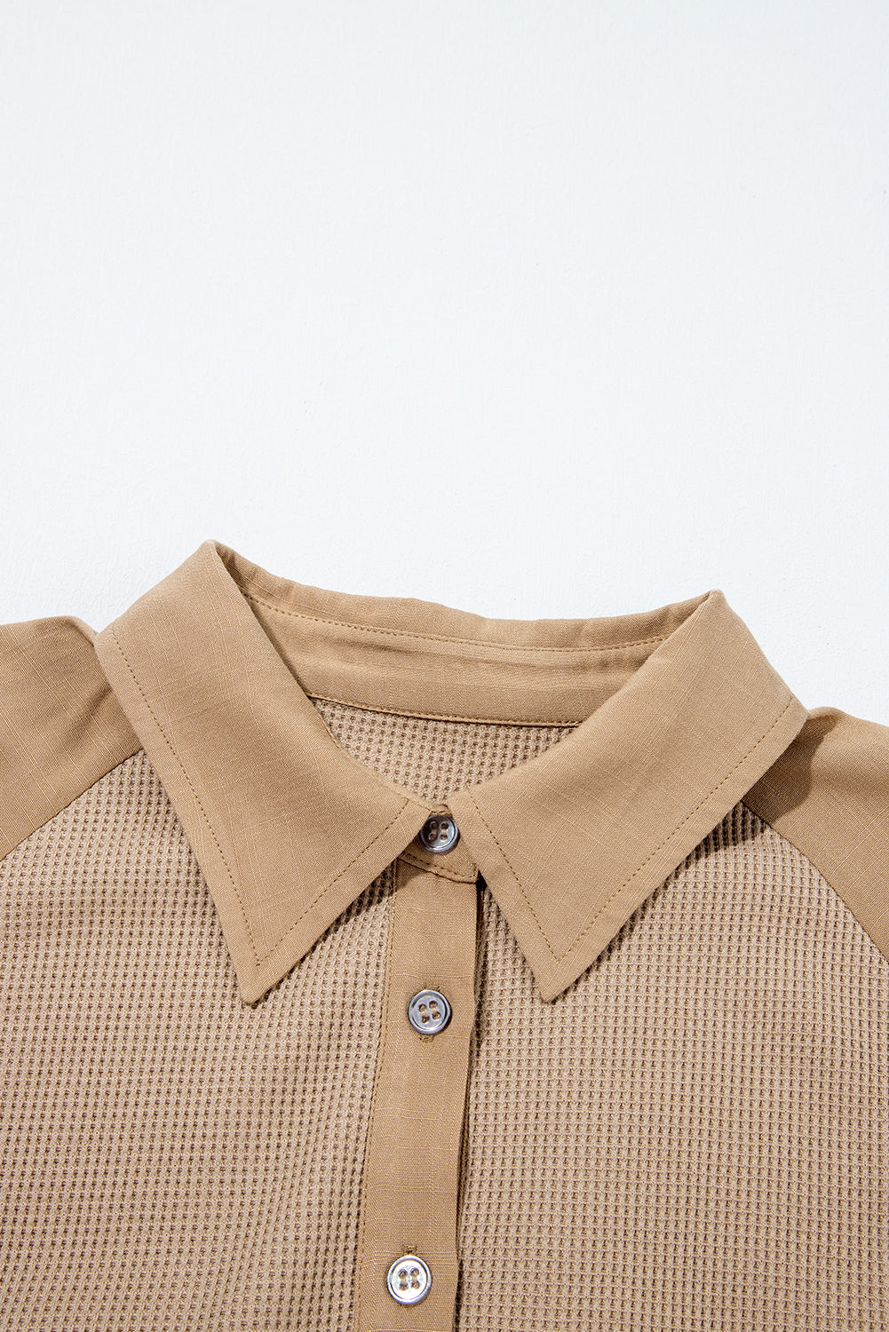 Light French Beige Waffle Patchwork Button Up Frayed Hem Shirt b504109ab887da14
