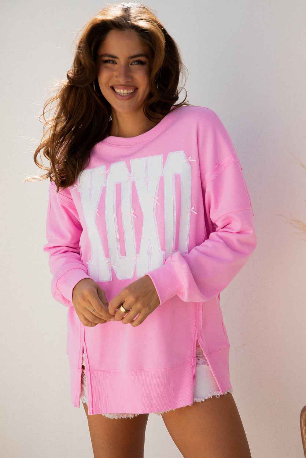 Pink Bow Sequin XOXO Letter Graphic Exposed Seam Baggy Sweatshirt b50617f833702815