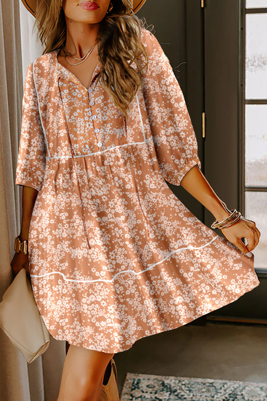 Yellow Floral Print Contrast Trim Button Tie Neck Swing Dress b508e63a5c8f229e