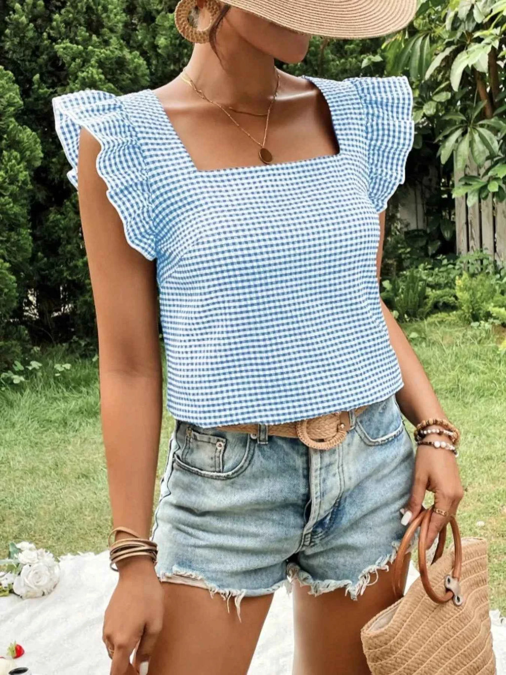 Gingham Ruffle Sleeve Square Neck Blouse b50bd1a4-ebf8-404d-9e93-9eab2f30f063-Max-Origin