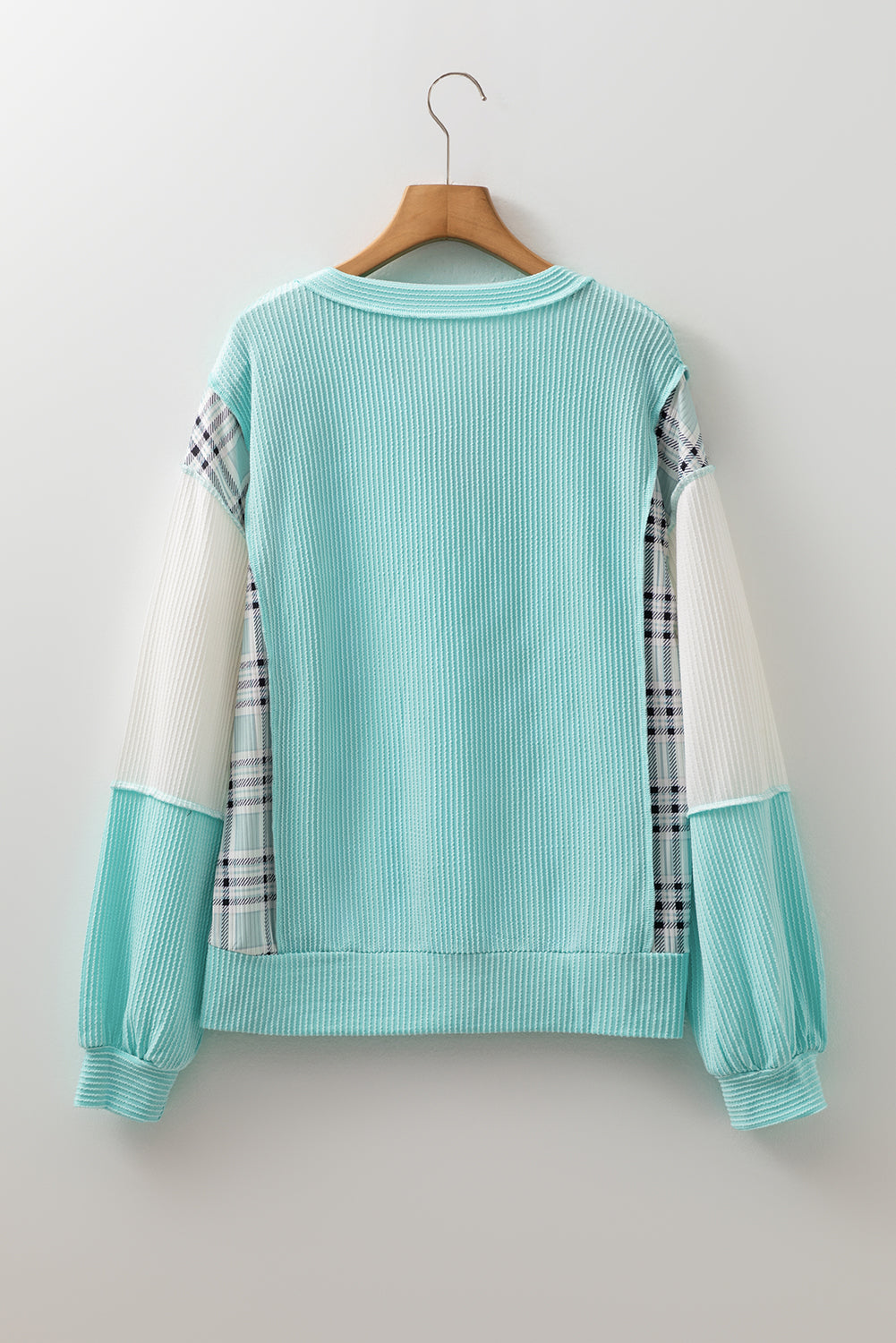 Aruba Blue Corded Texture Plaid Patchwork Split Neck Long Sleeve Top b50e185e5578274f