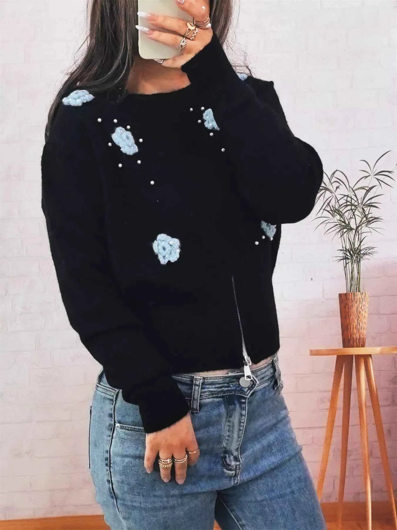 Flower Pearl Detail Ribbed Hem Sweater b51d12ef8dfd46868ff73e9c40325678-Max-Origin