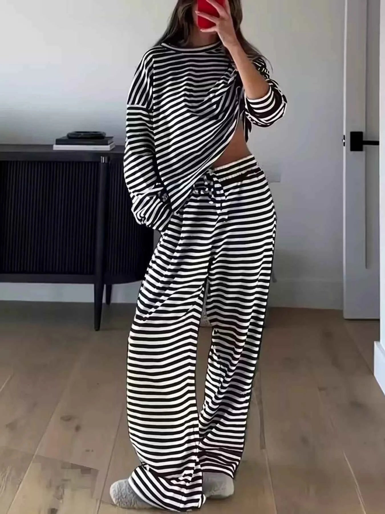 Striped Long Sleeve Top and Pants Set Black b51ec3603241473ebf65709d6acbe7fd-Max-Origin