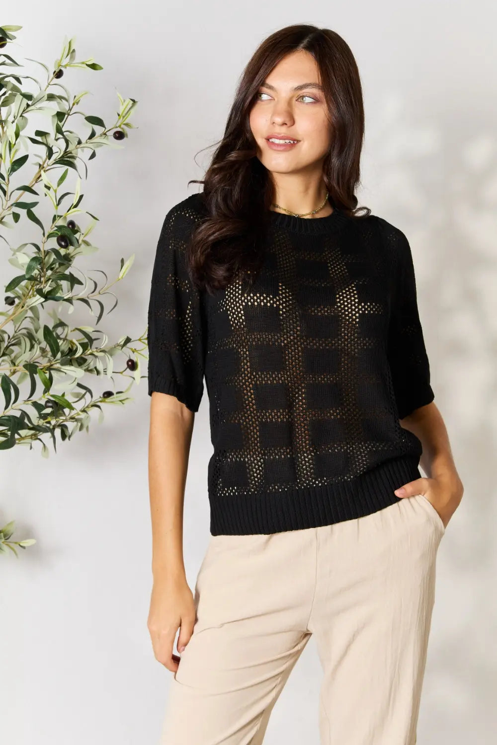 Mandy Ribbed Trim Round Neck Knit Top b52aae66056e4fed98db98d581667503-Max