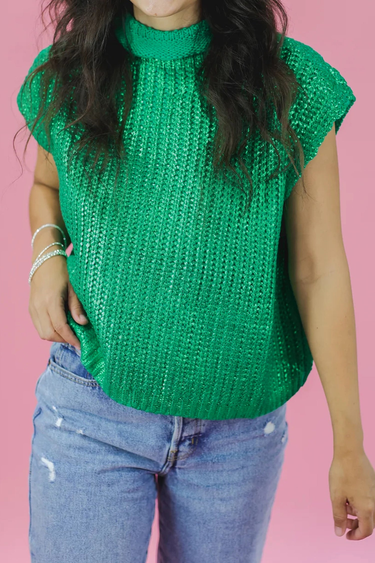 Bright Green Solid Color Knit High Neck Short Sleeve Sweater Bright Green 100%Acrylic b52d62b597c8c910