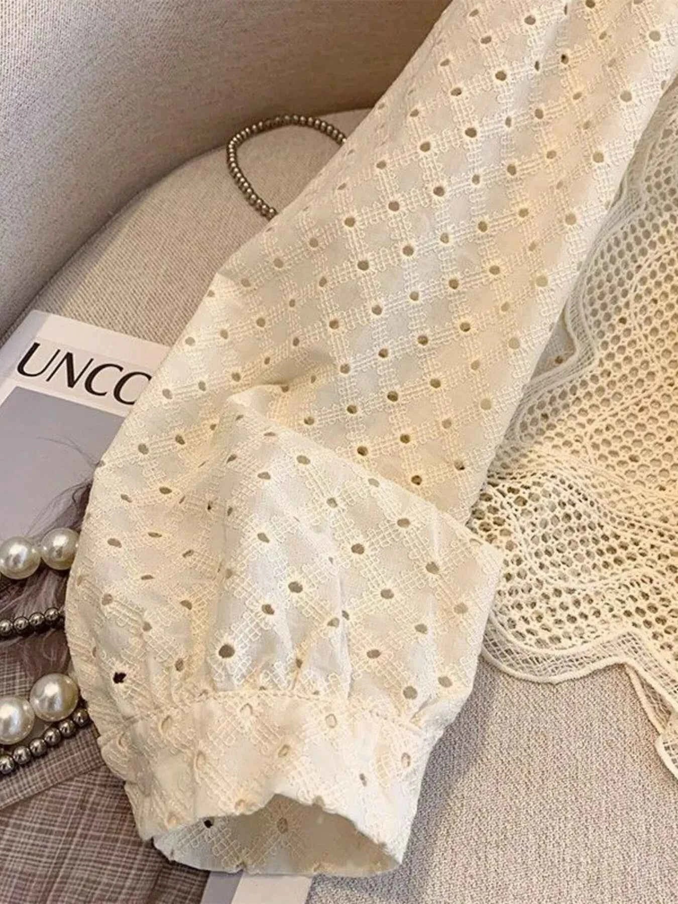 Eyelet Button-Up Shirt with Scalloped Hem b52f4e05de114edbbe1ceedd49e8ed19-Max-Origin