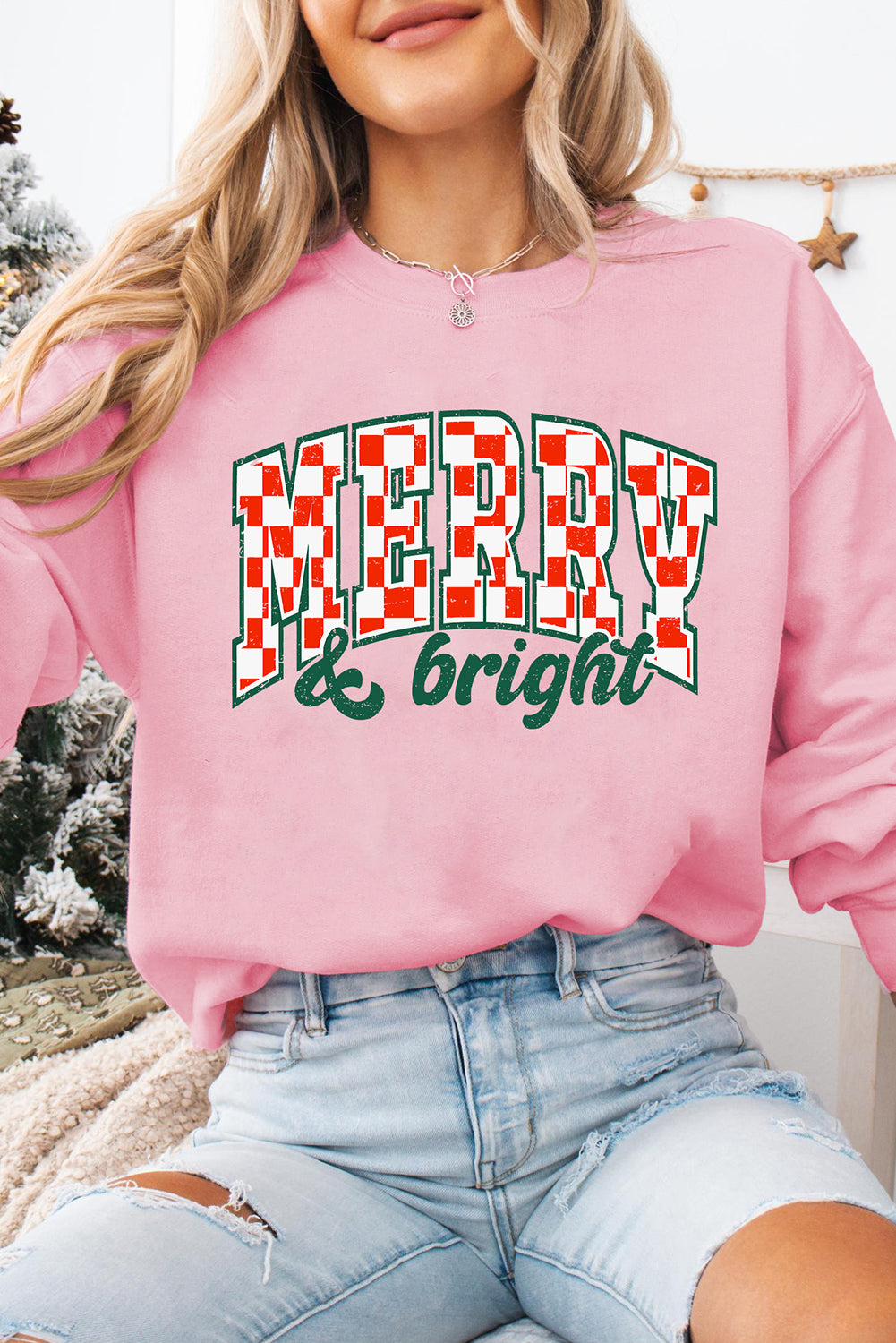 Pink MERRY & Bright Heat Transfer Printing Holiday Pullover Sweatshirt b5300d6db1b64021