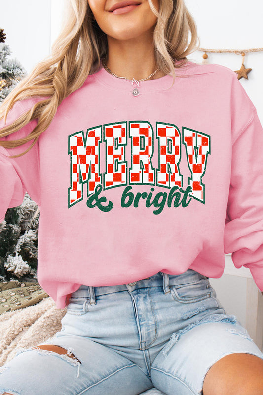 Pink MERRY & Bright Heat Transfer Printing Holiday Pullover Sweatshirt b5300d6db1b64021