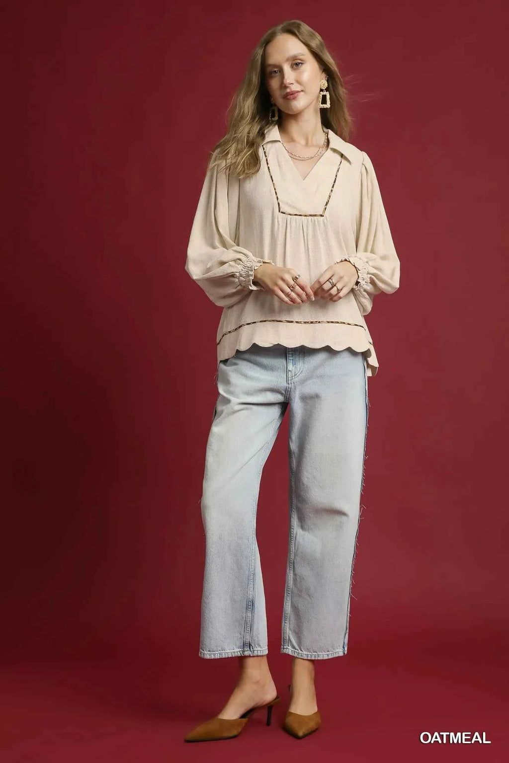 Umgee Full Size Linen Scallop Hem Blouse with Contrast Trim Plus Size b53127e0-749a-4c0d-acaf-0aa7d94dc6b3-Max-Origin