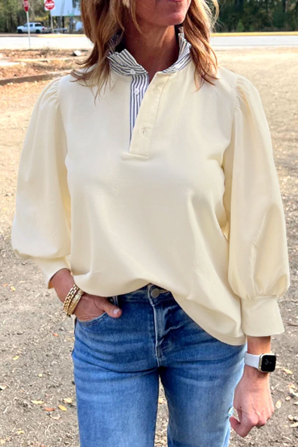 White Striped Ruffle Button Neck Pullover Sweatshirt White 65%Polyester+35%Cotton b53b3c3cfb4d651c