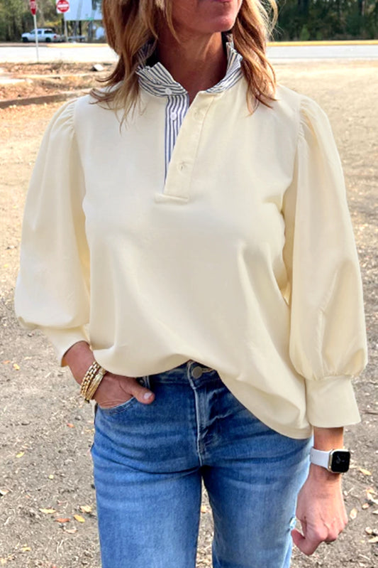 White Striped Ruffle Button Neck Pullover Sweatshirt White 65%Polyester+35%Cotton b53b3c3cfb4d651c