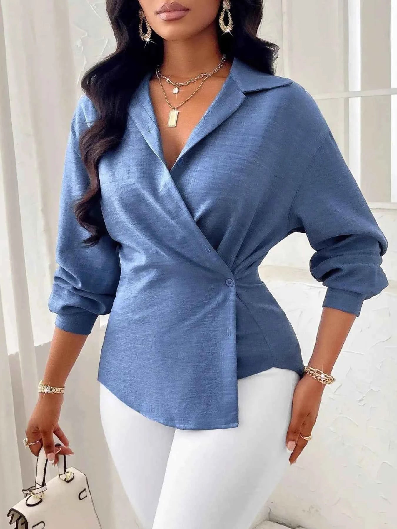 Collared Long Sleeve Blouse Dusty Blue b53c749107d34bc8b5d47cb6099d06e7-Max-Origin