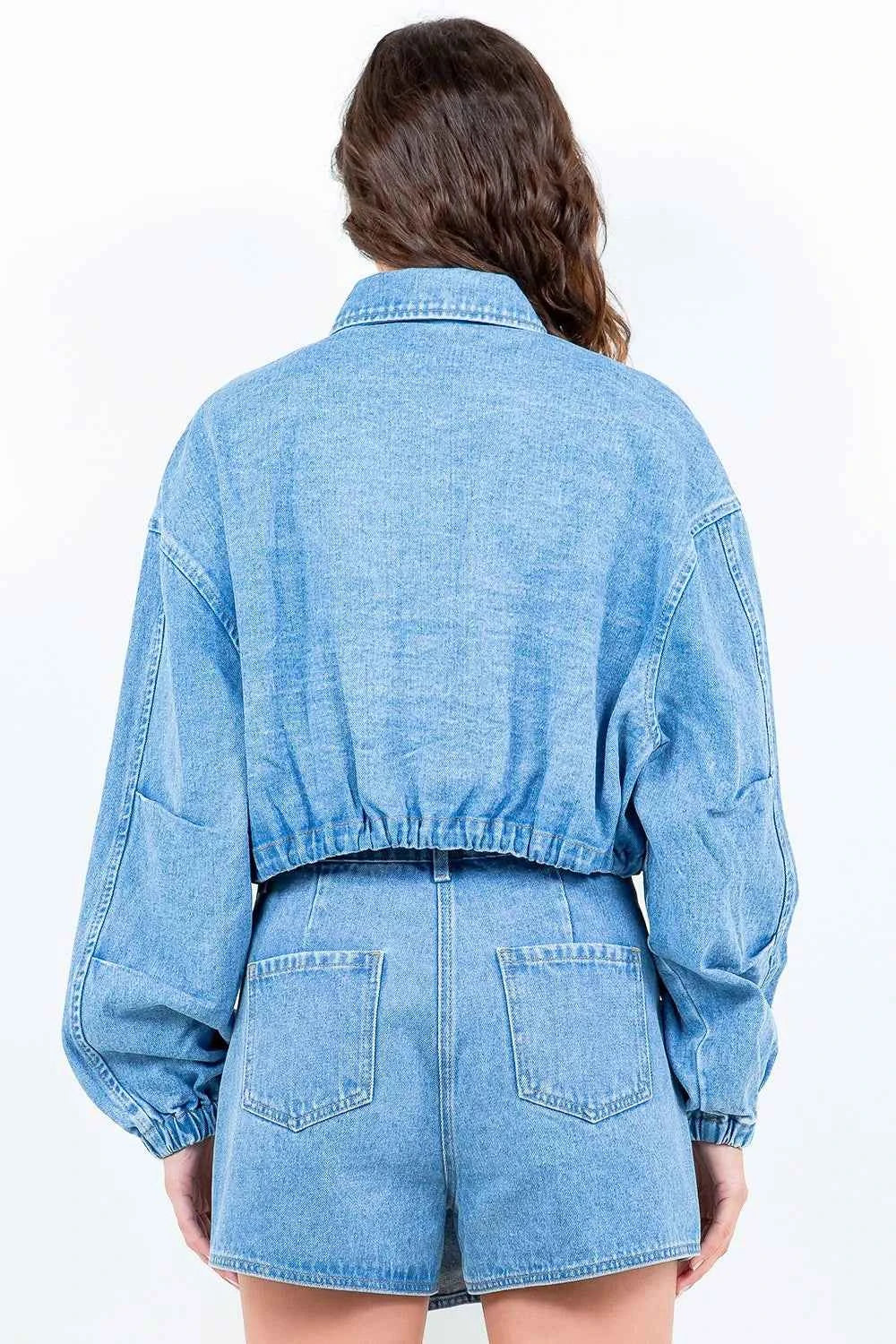 American Bazi Drawstring Waist Crop Denim Jacket b53c9865-27e2-4085-9f15-b766dcc7404a-Max
