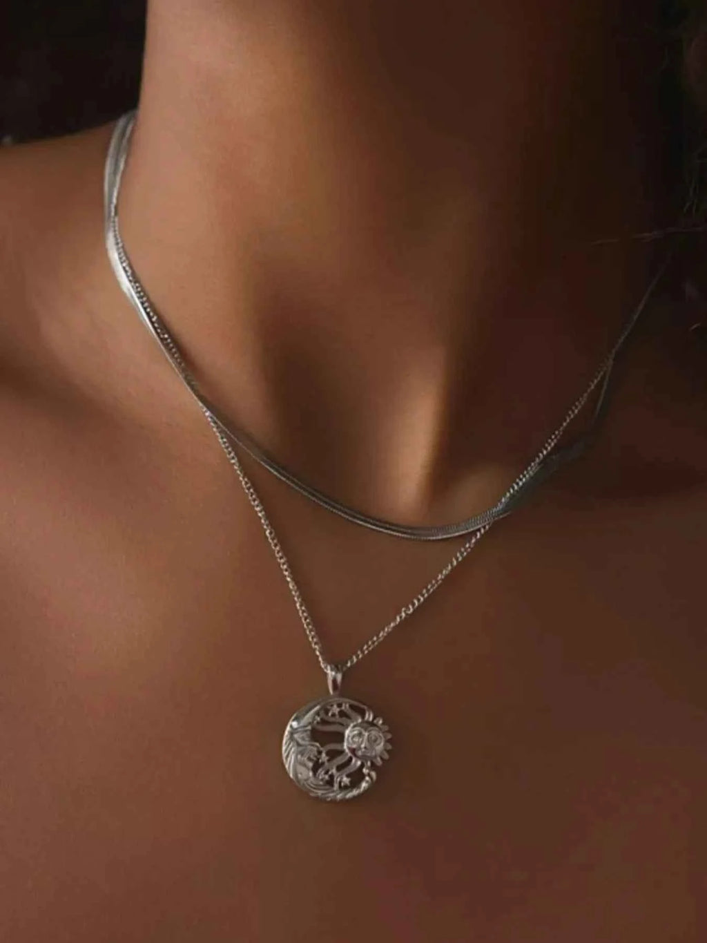 Double Layer Sun Moon Necklace Silver One Size b541b672-1f42-418e-83d9-08236520d5a4-Max-Origin