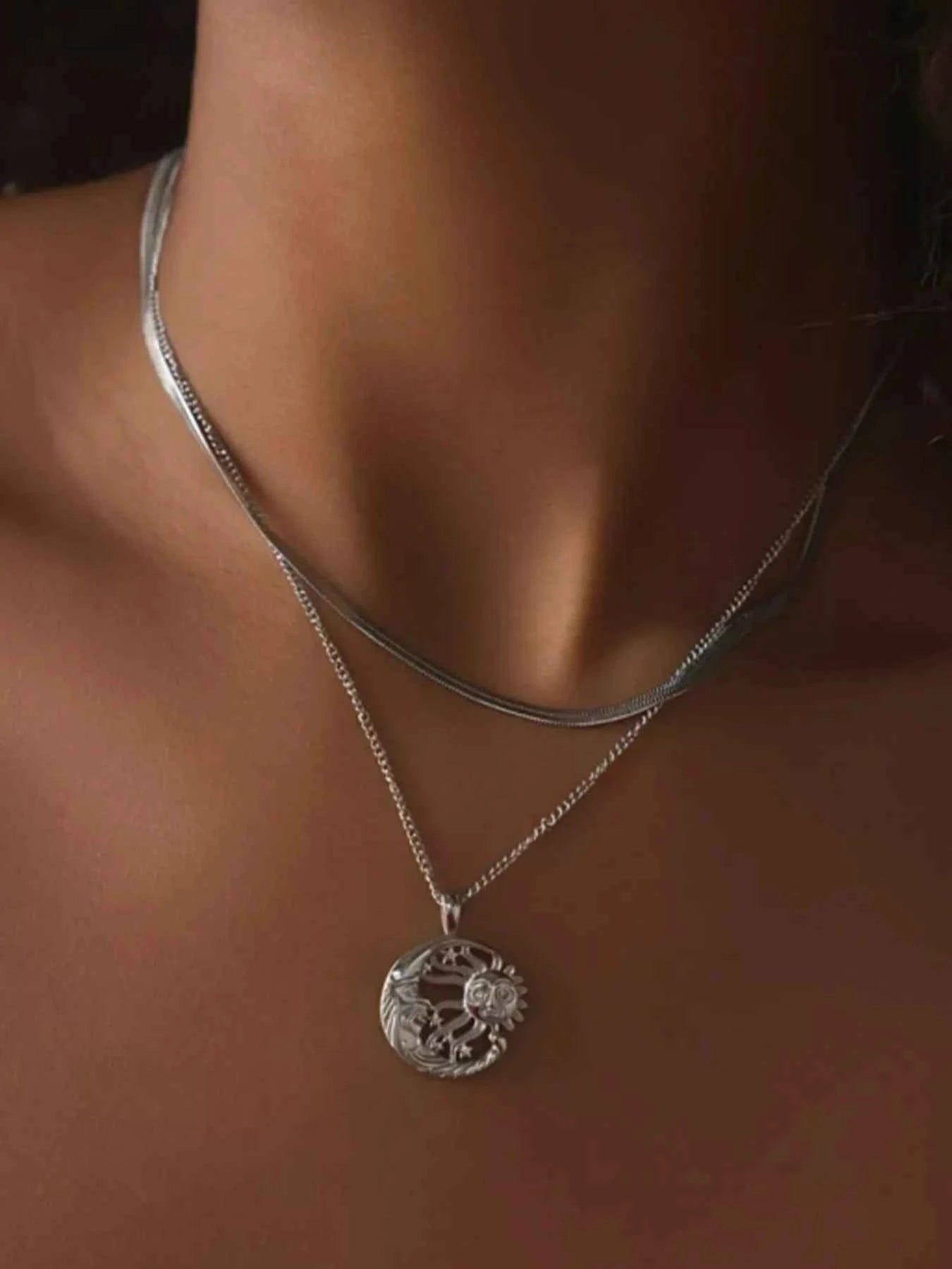 Double Layer Sun Moon Necklace Silver One Size b541b672-1f42-418e-83d9-08236520d5a4-Max-Origin