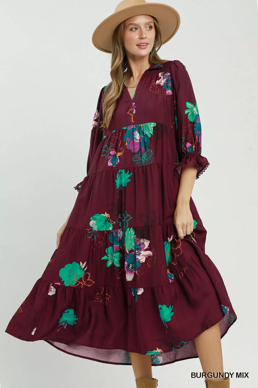 Floral Print Tiered Midi Dress with Puff Sleeves BURGUNDY MIX b54fd44a-e3c9-4a36-b7a4-3e9b3e024b7a-Max-Origin