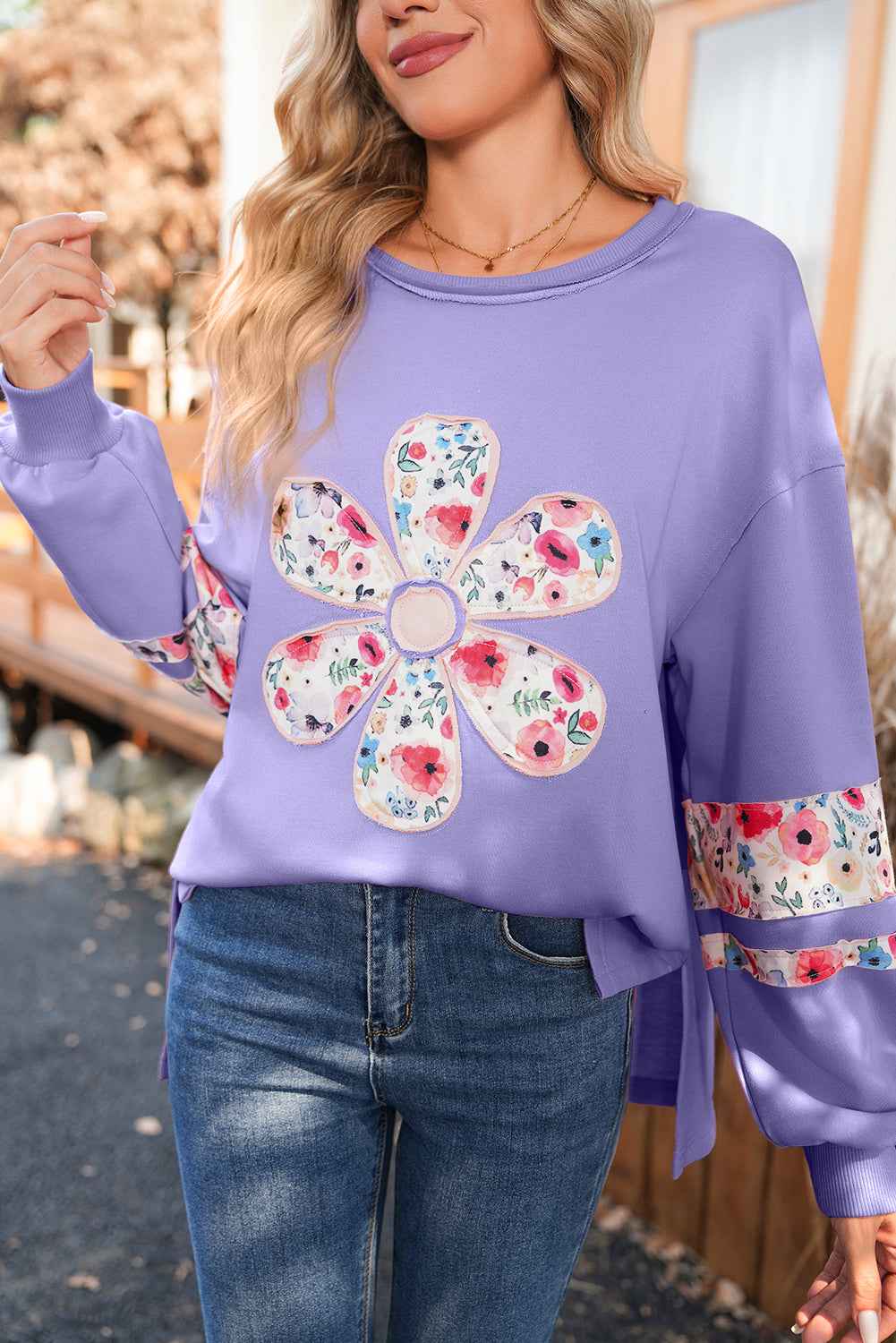 Wisteria Flower Applique Patchwork Drop Sleeve Pullover Sweatshirt Wisteria 65%Polyester+35%Cotton b5526d6aaaea0c14