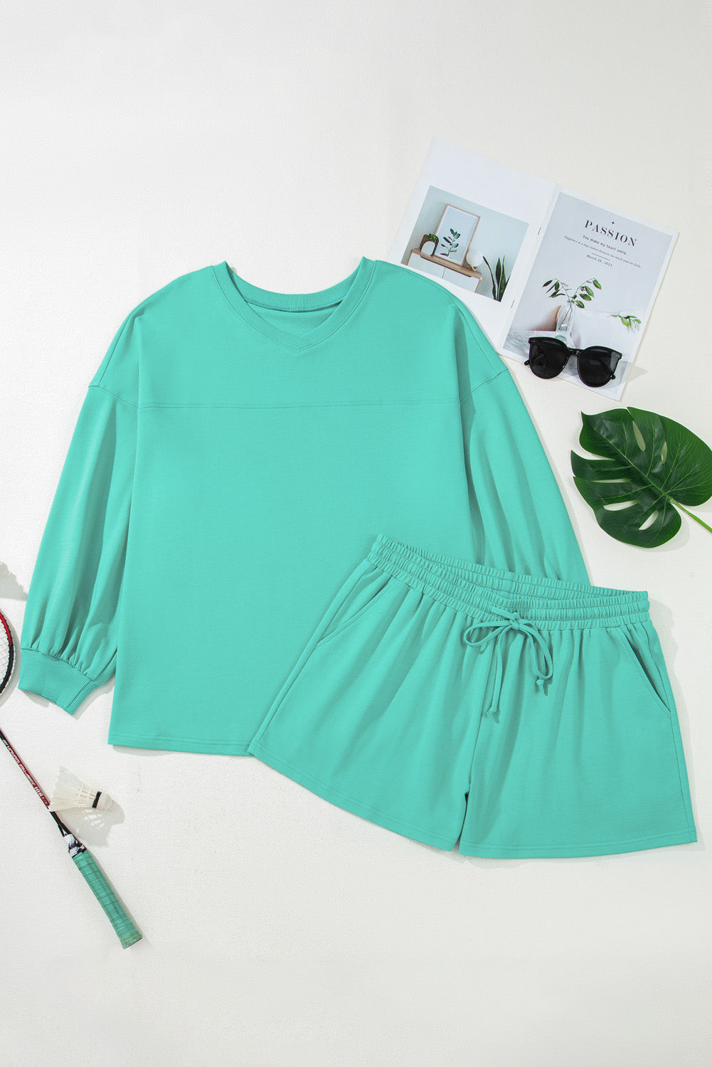 Sea Green Solid Color Plus Size Pullover and Loose Shorts Set b554c99d1f2c8ba0