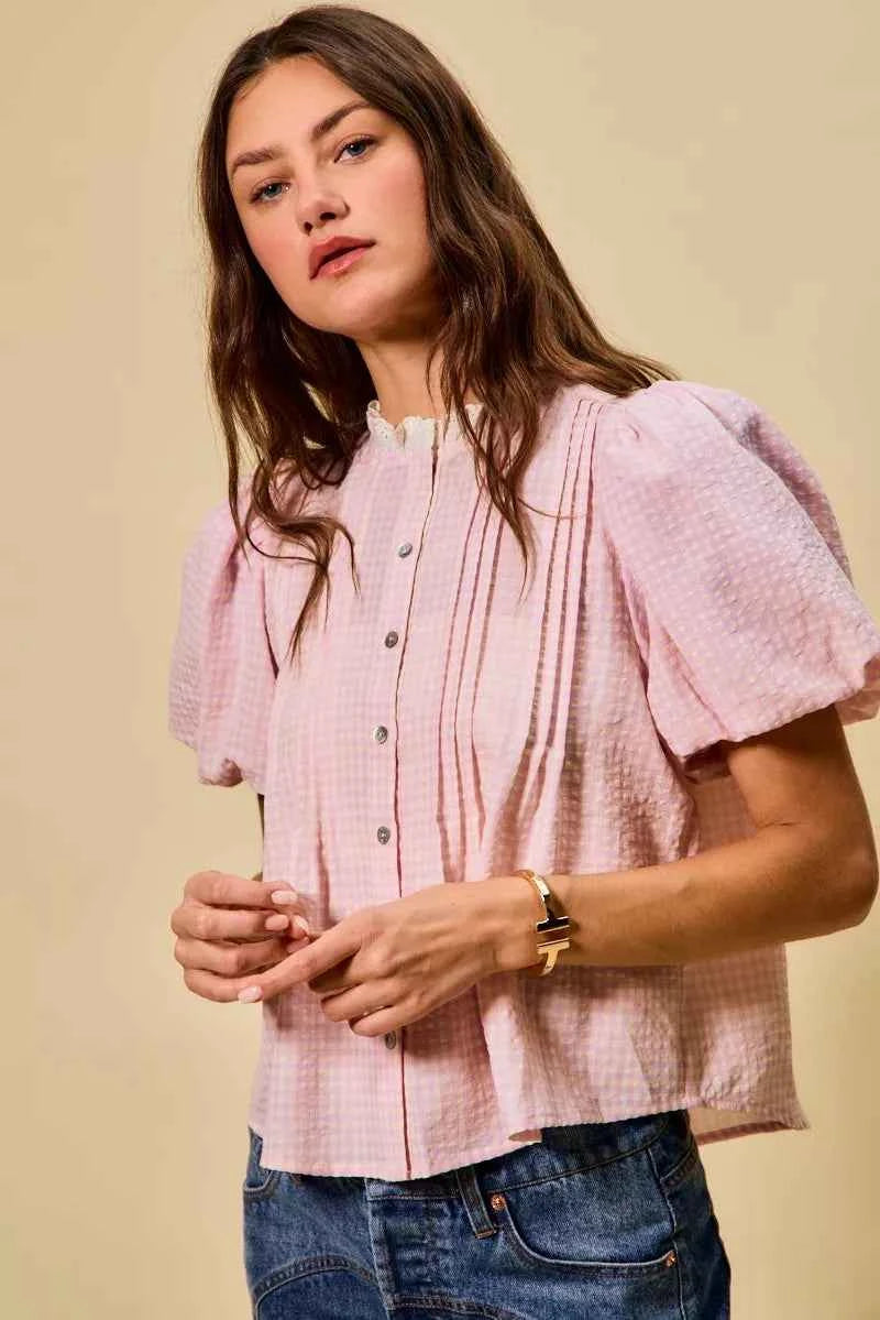 SO ME Gingham Lace Trim Button Bubble Sleeves Blouse b5595be1835d4c8eb6558a1d2f52b53a-Max-Origin